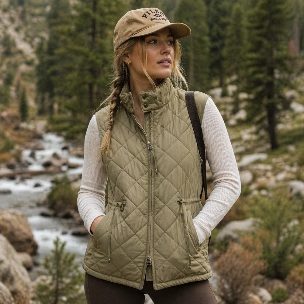 Quilted Vest‎ Womens S Olive Green 2-Way Zip Puffer Cinch Waist Jacket Outerwear